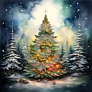 Christmas and New Year illustration with watercolor Xmas tree. Magic forest on Christmas Eve.