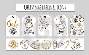 Christmas and New Year labels, gift tags and icons. Holidays decoration. Vector hand drawn illustrations and Modern Brushpen