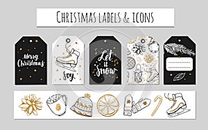 Christmas and New Year labels, gift tags and icons. Holidays decoration. Vector hand drawn illustrations and Modern Brushpen