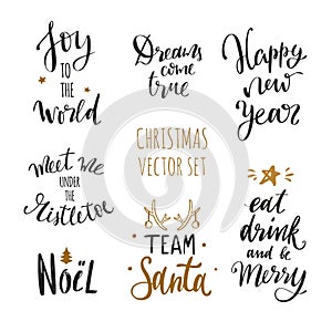 Christmas and New Year Lettering and Calligraphy phrases set. Vector handwritten Lettering