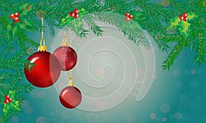 Christmas or New Year light background. Christmas illustration background with Christmas tree, red balls, snowflakes, fir branches