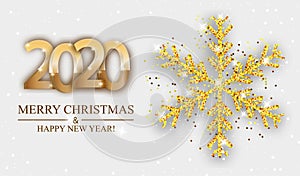 Christmas and New Year light background with golden snowflake and 2020 numbers. Template for greeting card, banner or poster. Xmas