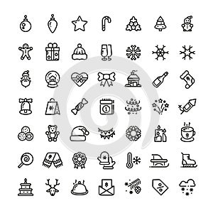 Christmas and New Year line vector icons. Xmas winter outline symbols set