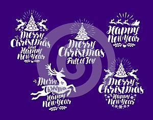 Christmas, New Year logo or label. Xmas typographic design. Lettering vector illustration