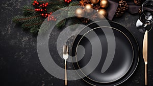 Christmas and New Year luxury table setting for dinner on dark background top view