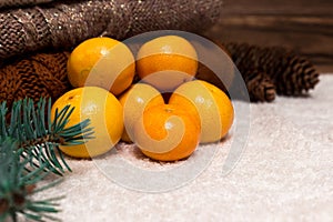 Christmas and New Year Mandarins in the snow next to the multi-colored sweaters, pine cones and Christmas tree branch