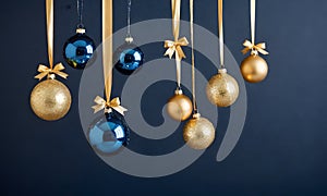 Golden and blue Glass Balls hanging on ribbon on Navy blue background with copy space for text