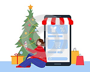 Christmas and New Year Mobile Online shopping concept.