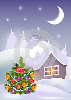 Christmas , New Year night landscape. Decorated Christmas tree . Vector banner, greeting card, invitation