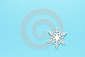 Christmas, New Year or Noel holiday festive winter greeting card with xmas decorations, snowflakes on blue background, x-mas flat