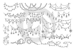 Christmas and New Year or other holidays garland lights outline hand drawn set vector illustration