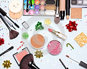 Christmas and New Year party bright glistening makeup flat lay