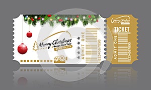 Christmas or New Year party ticket card design template. Vector Illustraton. White and golden color.
