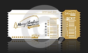 Christmas or New Year party ticket card design template. Vector Illustraton. White and golden color.