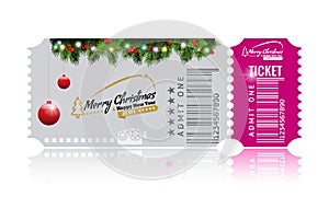 Christmas or New Year party ticket card design template. Vector Illustraton. White and pink color.