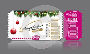 Christmas or New Year party ticket card design template. Vector Illustraton. White and pink color.