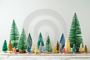 Christmas and New Year pine tree decoration on wooden table over white background