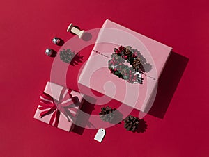 Christmas or New Year pink gift boxes concept composition. Winter holiday greeting card.