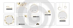 Christmas and New Year post and stories template set for social media. Gold ornament design for blog, online shop