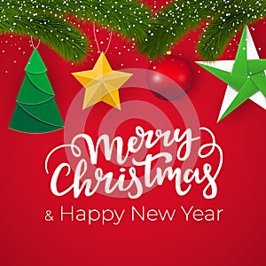 Christmas and New Year postcard design with red background, mistletoe branch and Xmas decorative elements.