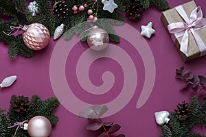 Christmas, New Year purple celebration concept flat lay