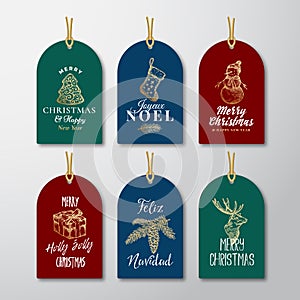 Christmas and New Year Ready-to-Use Golden Glitter Gift Tags or Labels Templates Set. Hand Drawn Reindeer, Strobile