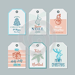 Christmas and New Year Ready-to-Use Pastel Colour Gift Tags or Labels Templates Set. Hand Drawn Reindeer, Strobile