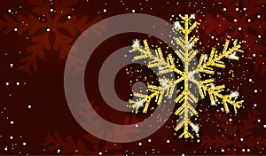 Christmas and New Year red background with golden snowflake. Xmas decoration. Template for greeting card, banner or poster. Vector