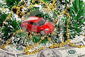 Christmas and new year red car toy through the dollars