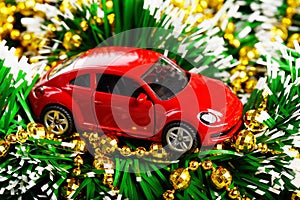 Christmas and new year red car toy present