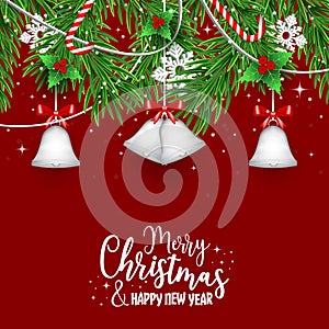 Christmas and New Year red vector winter banner with holly berries, bells with ribbon, branches, magic wands and snowflakes.