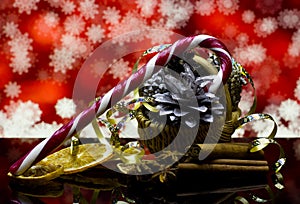 Christmas and New Year`s card. Decorations on a black mirror reflection surface.