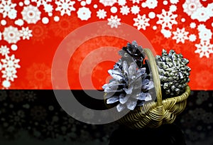 Christmas and New Year`s card. Decorations on a black mirror reflection surface.