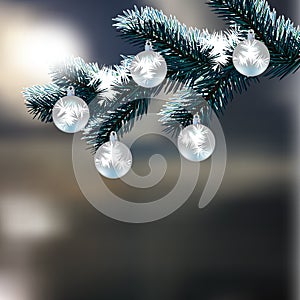 Christmas, New Year's card. Frosty winter day. Silver balls on a snow-covered branch of fir. Realistic background