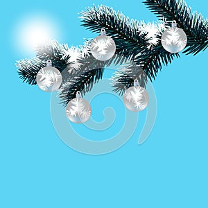 Christmas, New Year's card. Frosty winter day. Silver balls on a snow-covered tree branch.