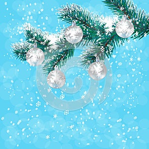 Christmas, New Year's card. Silver balls on a branch blue Christmas tree. Background of falling snow. illustration