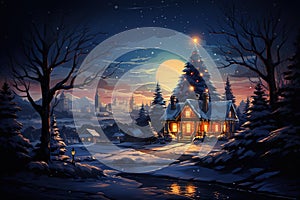 Christmas and New Year\'s card with a snowy shining house by the river at night, fabulous magical atmosphere of Christmas.