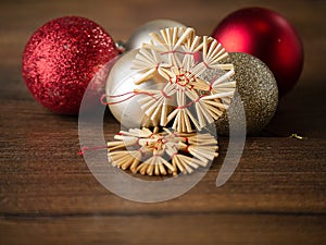 Christmas and New Year`s decorations in focus on a wooden table surface, Selective focus, Copy space