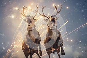 Christmas New Year\'s Deer with antlers and outfit jumping on the fly in the sky against the background of fireworks