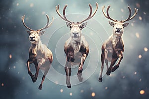 Christmas New Year\'s Deer with antlers and outfit jumping on the fly in the sky against the background of fireworks