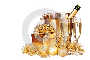 Christmas or New Year's Eve. Champagne and Gold Presents