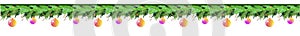 Christmas and New Year`s garland - a border of Christmas tree branches, glass Christmas balls, serpentine - a vector element for w