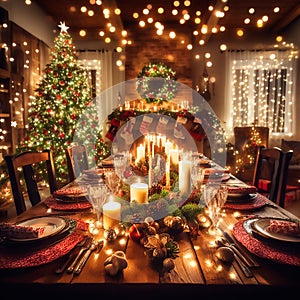 Christmas or New Year's holiday table on the background of a Christmas tree