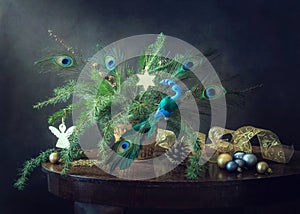 Christmas and New Year's Still Life with a decorative blue bird