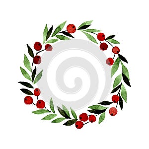 Christmas, New Year\'s wreath of green leaves, eucalyptus and red berries. isolated on white background traditional vintage