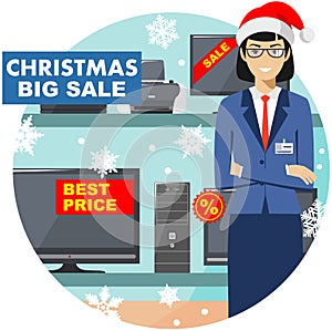 Christmas and New Year sale. Manager, seller in the Santa Claus hat in store on the background of shelves with