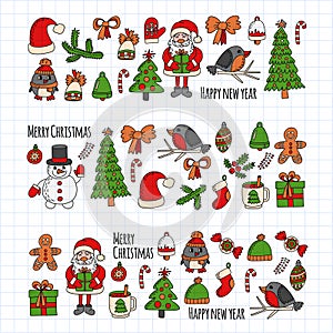 Christmas New year Santa Claus Doodle vector icons Presents Birds Christmas tree Candy Christmas bell Snowflake