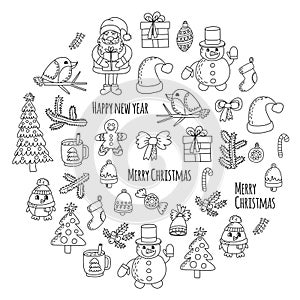 Christmas New year Santa Claus Doodle vector icons Presents Birds Christmas tree Candy Christmas bell Snowflake Coloring