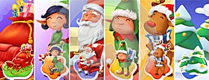 Christmas and New Year. Santa Claus, sleigh, elves, christmas tree. 3d vector