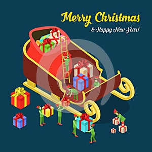 Christmas New Year Santa Sledges gift flat isometric vector 3d photo